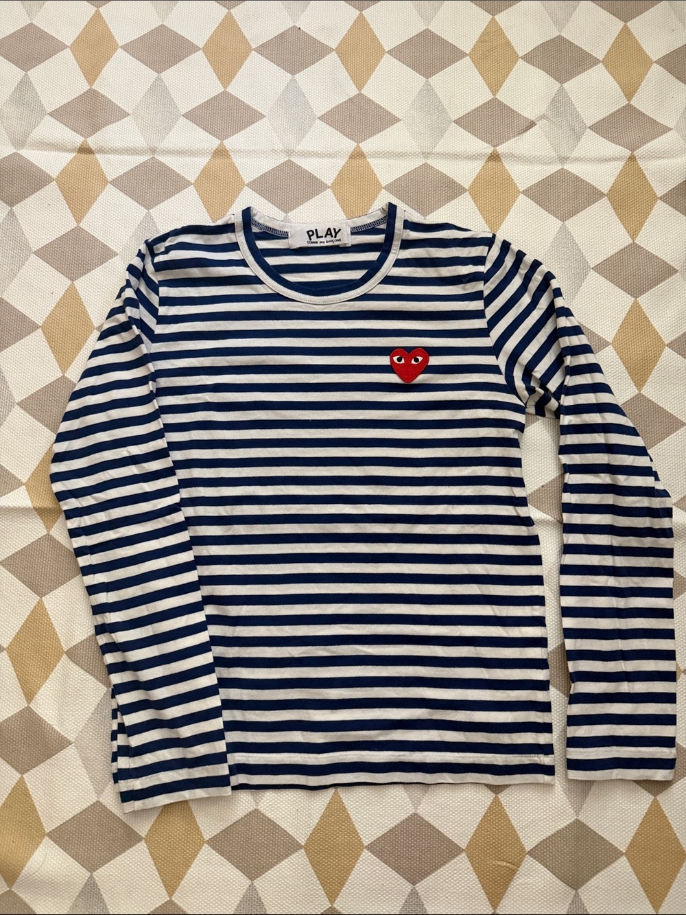 PLAY Comme des Garçons women Navy & White Striped Long-Sleeve Tee with Red Heart